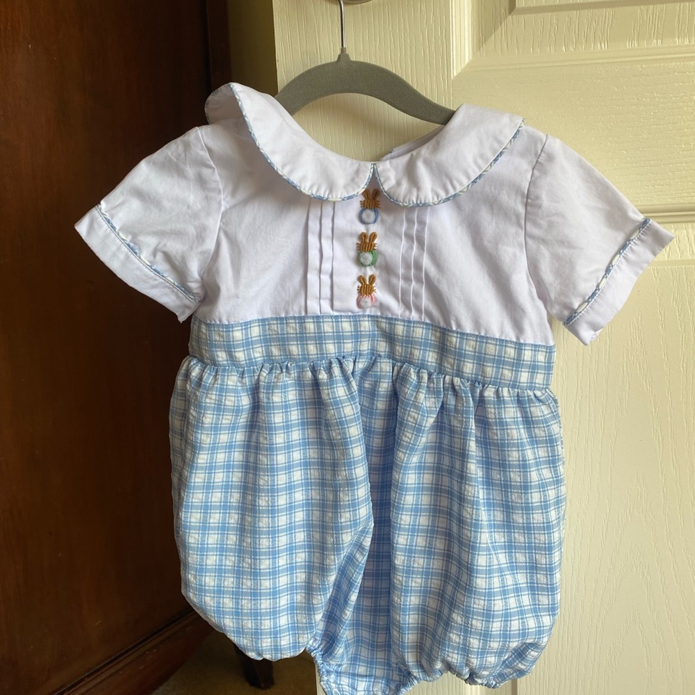 Cecil and Lou Blue Plaid Baby Bunny Romper